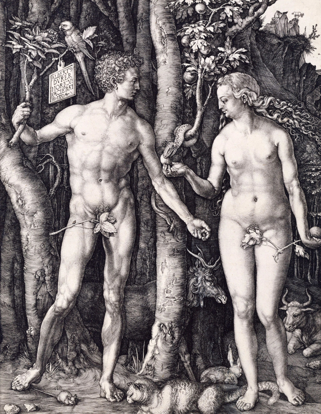 Adam and Eve standing on either side of the tree of knowledge with the serpent. In the foreground a cat.
