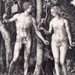 Adam and Eve standing on either side of the tree of knowledge with the serpent. In the foreground a cat.