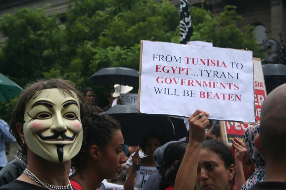 Supporters of the Egyptian protestors outside the State Library in Melbourne, Australia